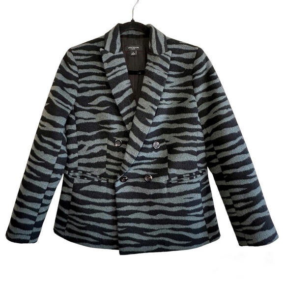 Ann Taylor Green Zebra Print Wool Coat‎ Double Breasted Statement Blazer Petite - Picture 1 of 10